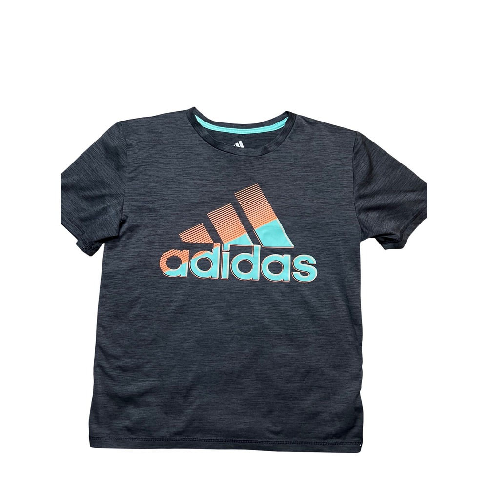 Adidas Kids Aeroready Graphic Tee Charcoal Gray Heather Orange Teal Size S 8